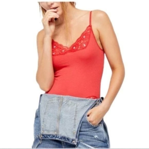 FREE PEOPLE Side of Sass Cami Lace Trim Bodysuit in Lady Bird Red - NWT - XS - Picture 2 of 5